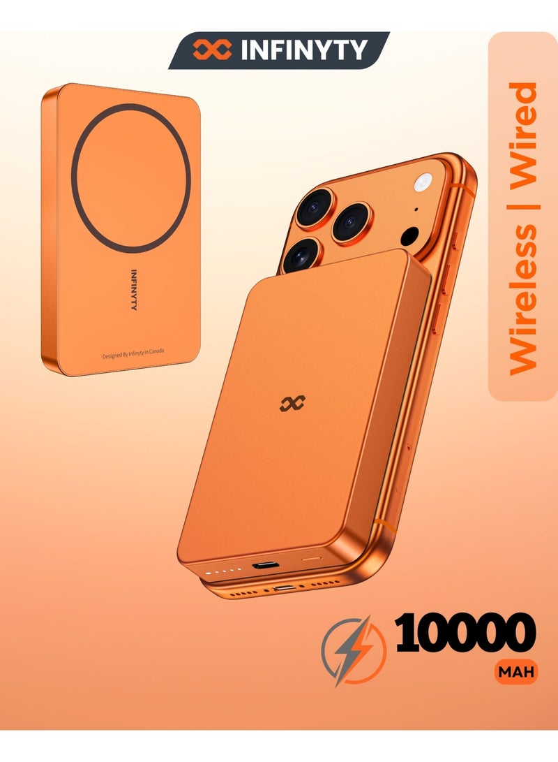 INFINYTY Power Bank 10000mAh Orange Wired & Wireless Charging, Magsafe Compatible, Ultra-Slim 12.4mm, USB-C 20W Fast Charging, Compact, Light Weight, Portable, Premium Aluminum Alloy and Glass Body, Versatile Compatibility with Smartphones - Image 1